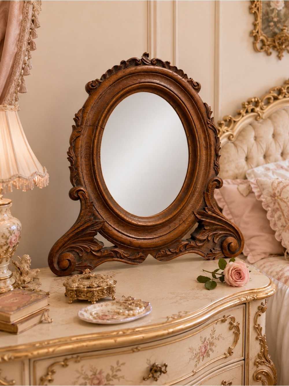 Antique Ornate Wood Oval Mirror Photo Frame 8x10 Rococo Baroque Victorian Decor